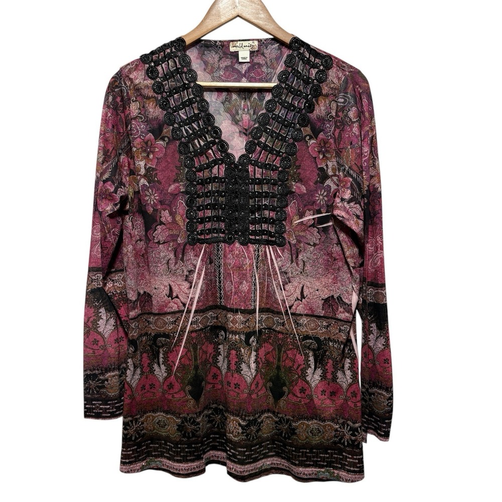 World Unity Tunic Womens XL Pink Black Crochet Embellished Lightweight Bohemian